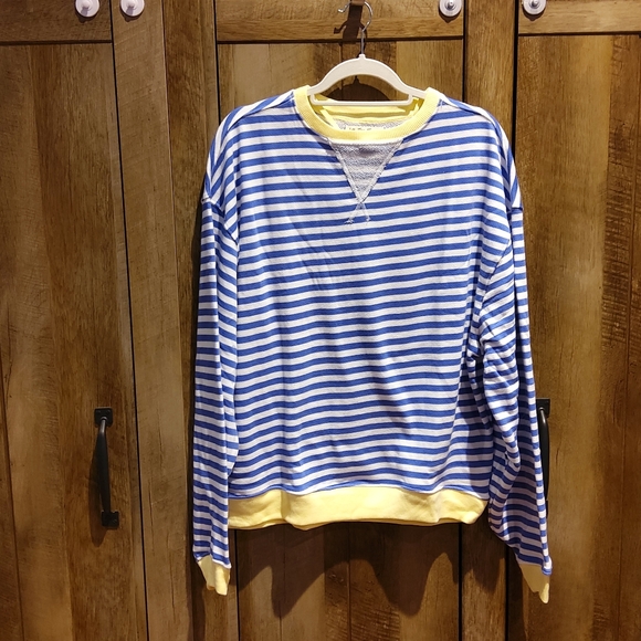Free People Classic Striped Oversized Crewneck Blue and White, Yellow Trim NWOT - Picture 6 of 11